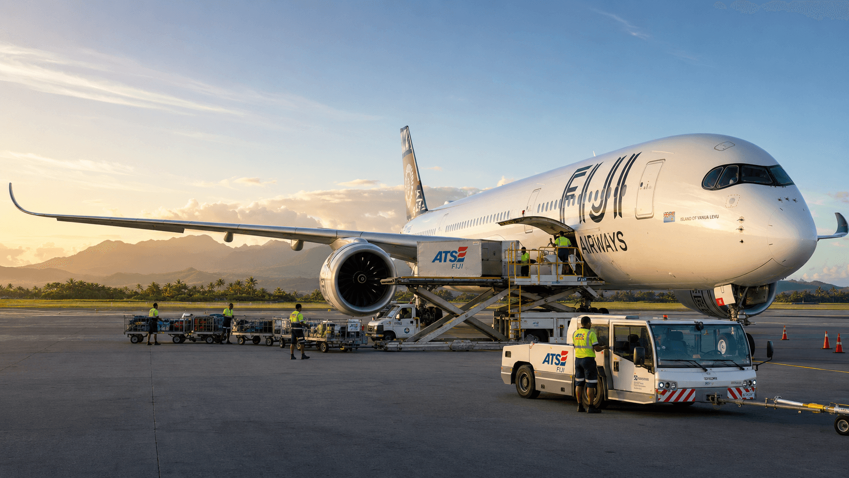 Commercial aircraft at Nadi International Airport with ground handling operations underway
